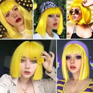 Yellow Brazilian Straight Human Hair None Lace Front Machine Made Bob